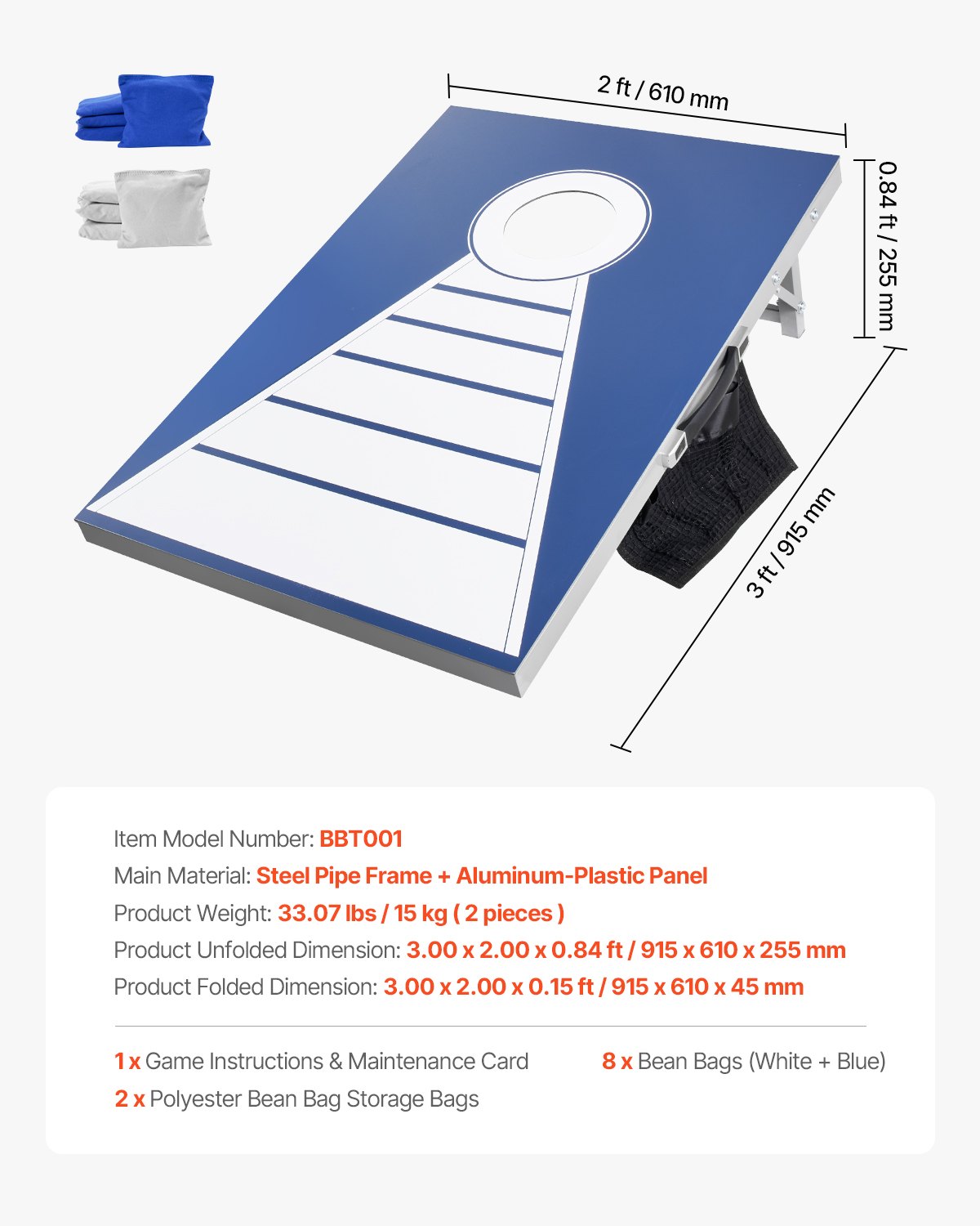 VEVOR Cornhole-spelset (915 x 610 x 255 mm) Cornhole-spelborden, draagbaar aluminium werpbord, opvouwbaar cornhole-spel voor volwassenen, inclusief 8 zitzakken, voor tuin, achtertuin en strand