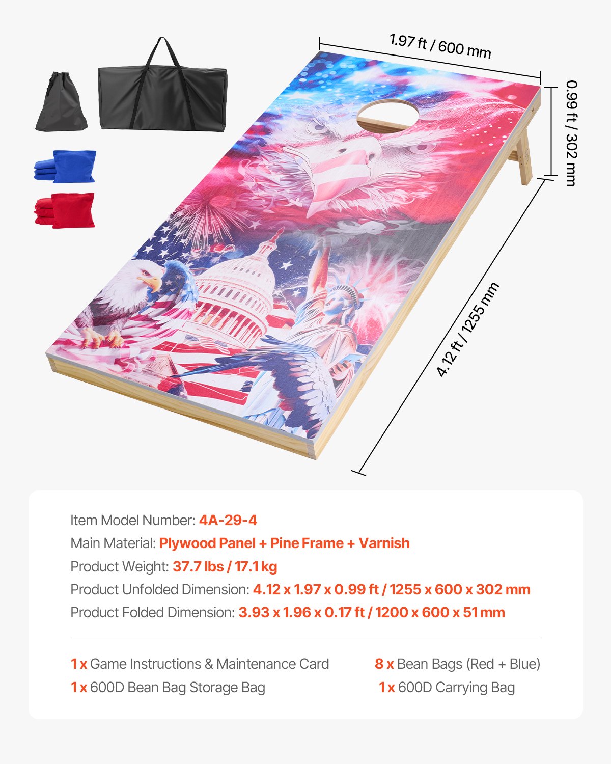 VEVOR Cornhole-spelset (1255 x 600 x 302 mm) Cornhole-spelborden, draagbaar werpbord van massief hout, cornhole-spel voor volwassenen, inclusief 8 zitzakken en draagtas, voor in de tuin