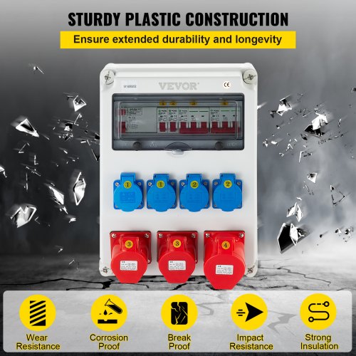 VEVOR Stroomverdeler, ABS-kunststof Wandverdeler met 4xSchuko-stopcontact 230V16A, 2xCEE-stopcontact 400V16A, 1xCEE-stopcontact 400V32A 5-pins, FI-zekering Stroomonderbreker, Buiten Bouwstroomverdeler