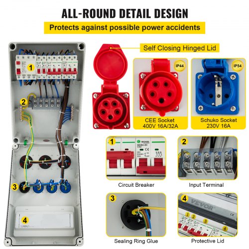 VEVOR Stroomverdeler, ABS-kunststof Wandverdeler met 4xSchuko-stopcontact 230V16A, 2xCEE-stopcontact 400V16A, 1xCEE-stopcontact 400V32A 5-pins, FI-zekering Stroomonderbreker, Buiten Bouwstroomverdeler
