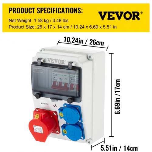 VEVOR Stroomverdeler, ABS-kunststof, Wandverdeler met 2 x Schuko-contactdoos 230V / 16A ABL IP54, 1 x CEE-contactdoos 400V / 16A 5-pins ABL IP44, 1/3-pins Stroomonderbreker, Buiten Bouwstroomverdeler