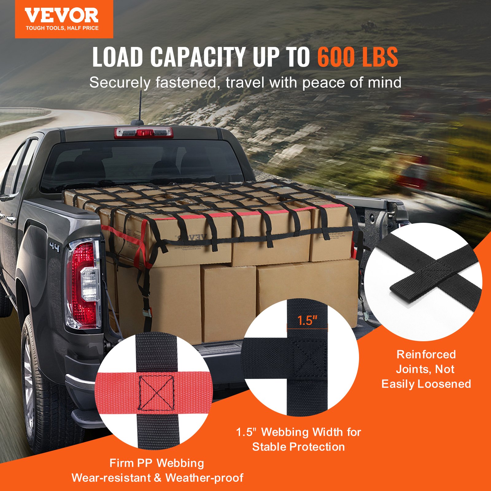 VEVOR Cargo Net, 96 in x 72 in, Heavy Duty Truck Cargo Net for Truck Bed, 4 Adjustable Straps with Buckles and S-Hooks, Wear-resistant & Weather-proof, Suitable for Pickup, Truck, Jeep, SUV, Boat