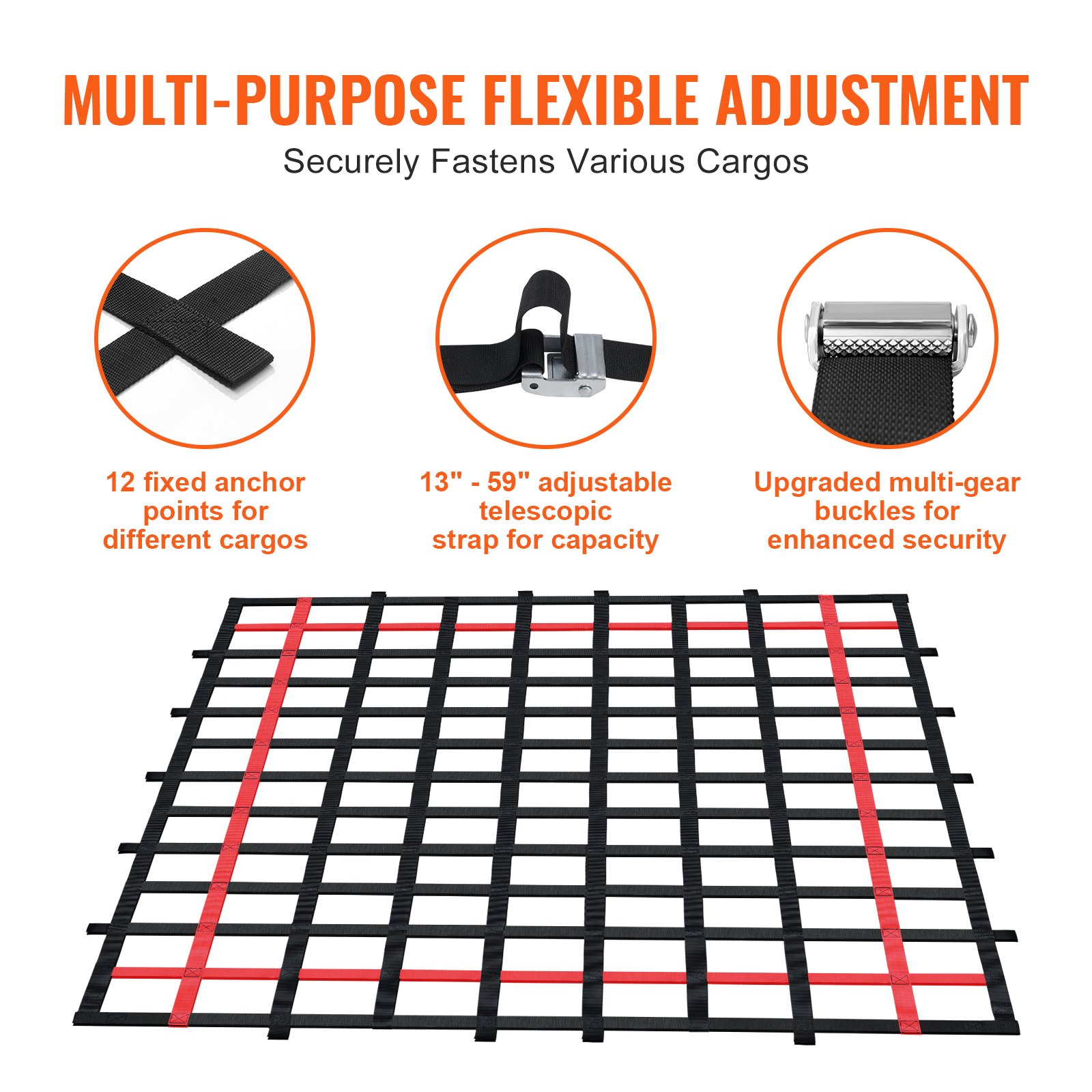 VEVOR Cargo Net, 96 in x 72 in, Heavy Duty Truck Cargo Net for Truck Bed, 4 Adjustable Straps with Buckles and S-Hooks, Wear-resistant & Weather-proof, Suitable for Pickup, Truck, Jeep, SUV, Boat