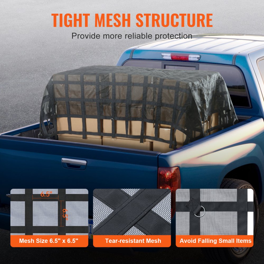 VEVOR Cargo Net, 3020 x 2670 mm, vrachtwagenlaadnet, 4 verstelbare banden met karabijnhaken en S-haken, slijtvast en weerbestendig transportnet, bagagenet geschikt voor pick-uptrucks, vrachtwagens, jeeps, SUV's en boten