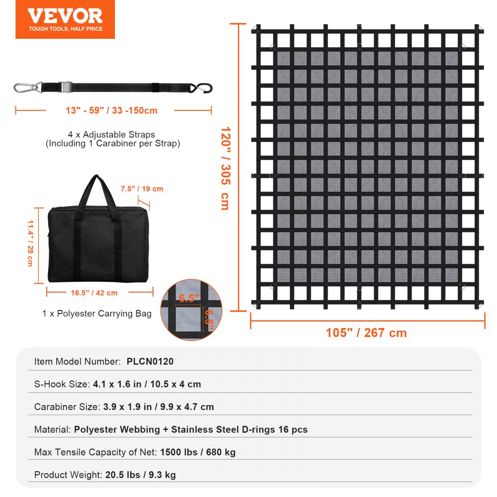 VEVOR Cargo Net, 3020 x 2670 mm, vrachtwagenlaadnet, 4 verstelbare banden met karabijnhaken en S-haken, slijtvast en weerbestendig transportnet, bagagenet geschikt voor pick-uptrucks, vrachtwagens, jeeps, SUV's en boten