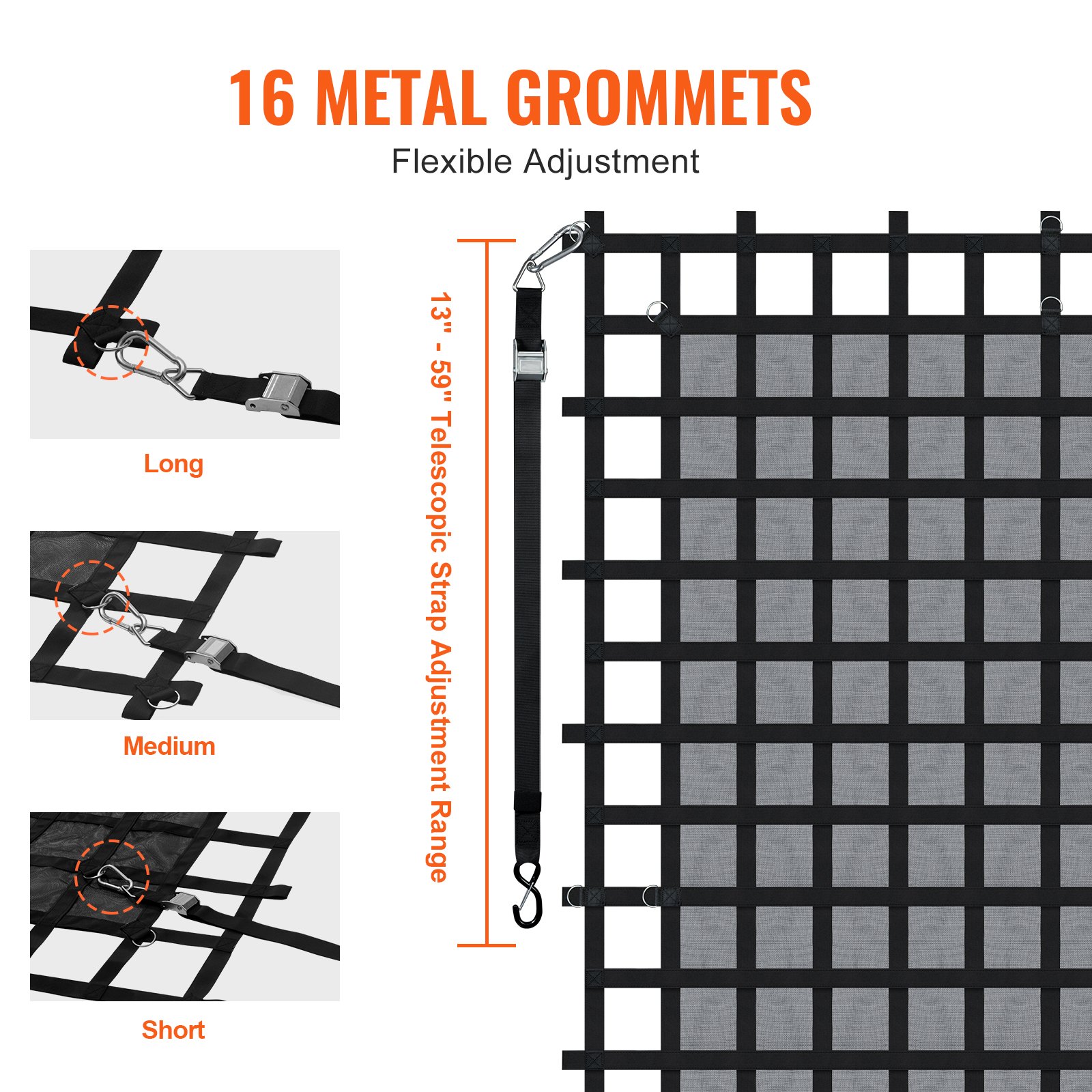 VEVOR Cargo Net, 3020 x 2670 mm, vrachtwagenlaadnet, 4 verstelbare banden met karabijnhaken en S-haken, slijtvast en weerbestendig transportnet, bagagenet geschikt voor pick-uptrucks, vrachtwagens, jeeps, SUV's en boten