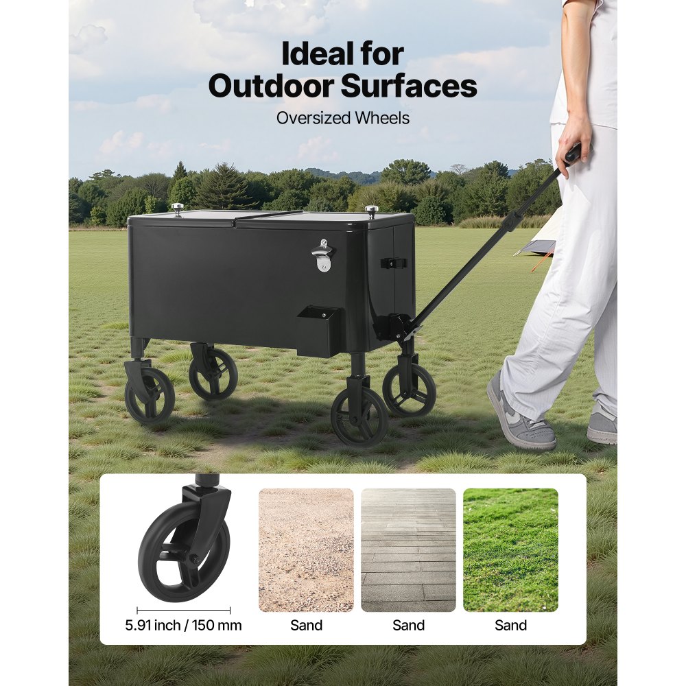 VEVOR 80 Quart Rolling Ice Chest Cart, with 2-Stage Telescopic Pull Handle and 2 Swivel Casters, Portable Table Beach Patio Party Bar Cold Drink Beverage, Outdoor Park Cart on Wheels, Black