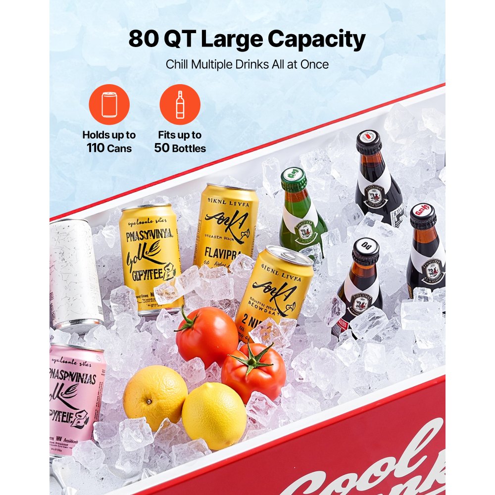 VEVOR 80 Quart Rolling Ice Chest, Holds up to 50 Bottles / 110 Cans, Portable Patio Party Bar Drink Cooler Cart with 4 Swivel Casters (2 with Brakes), Beverage Cooler Trolley with Bottle Opener, Red