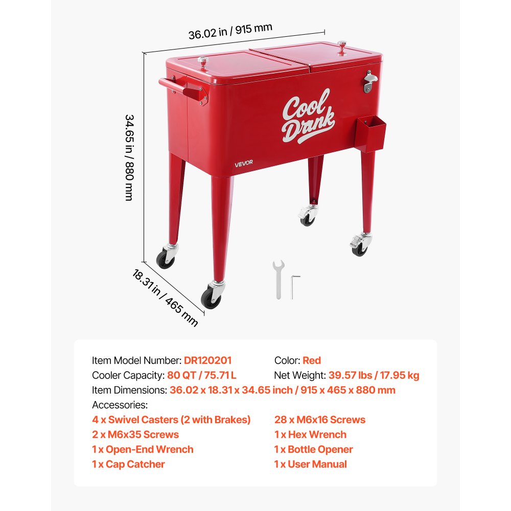 VEVOR 80 Quart Rolling Ice Chest, Holds up to 50 Bottles / 110 Cans, Portable Patio Party Bar Drink Cooler Cart with 4 Swivel Casters (2 with Brakes), Beverage Cooler Trolley with Bottle Opener, Red