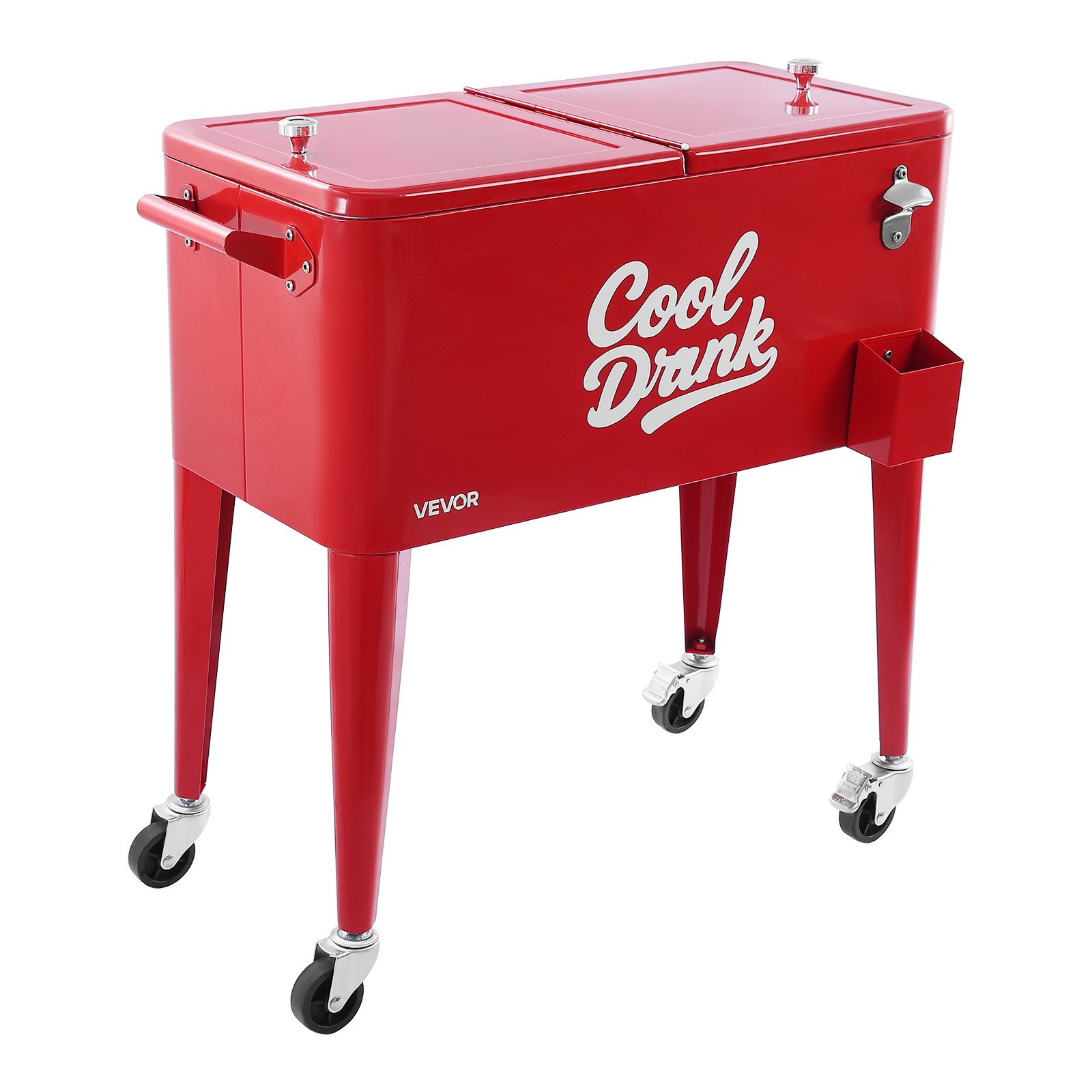 VEVOR 80 Quart Rolling Ice Chest, Holds up to 50 Bottles / 110 Cans, Portable Patio Party Bar Drink Cooler Cart with 4 Swivel Casters (2 with Brakes), Beverage Cooler Trolley with Bottle Opener, Red