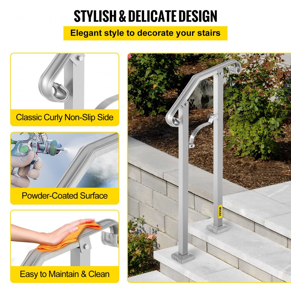 VEVOR Outdoor Stair Railing, Alloy Metal Hand Railing, Fit 1 or 2 Steps Flexible Transitional Handrail, Black Outdoor Stair Rail with Installation Kit, Step Handrail for Concrete or Wooden Stairs