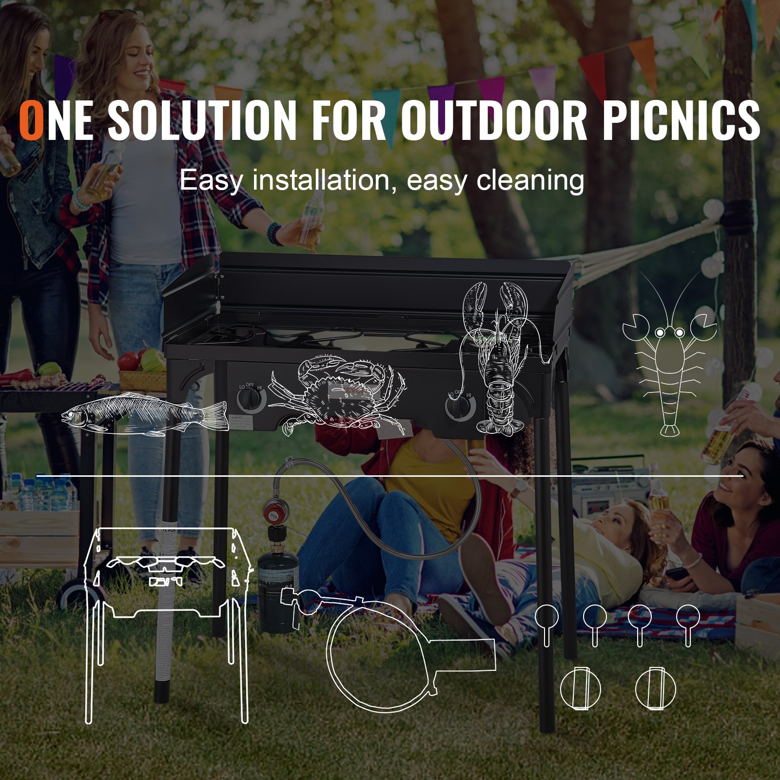 VEVOR outdoor kampeerfornuis, vloeibaar gas gasfornuis, 78 x 40 x 90 cm dubbelpits campingfornuis krukfornuis, 60.000 BTU wokbrander gasfornuis houseparty camping campinggasfornuis incl. gasslang