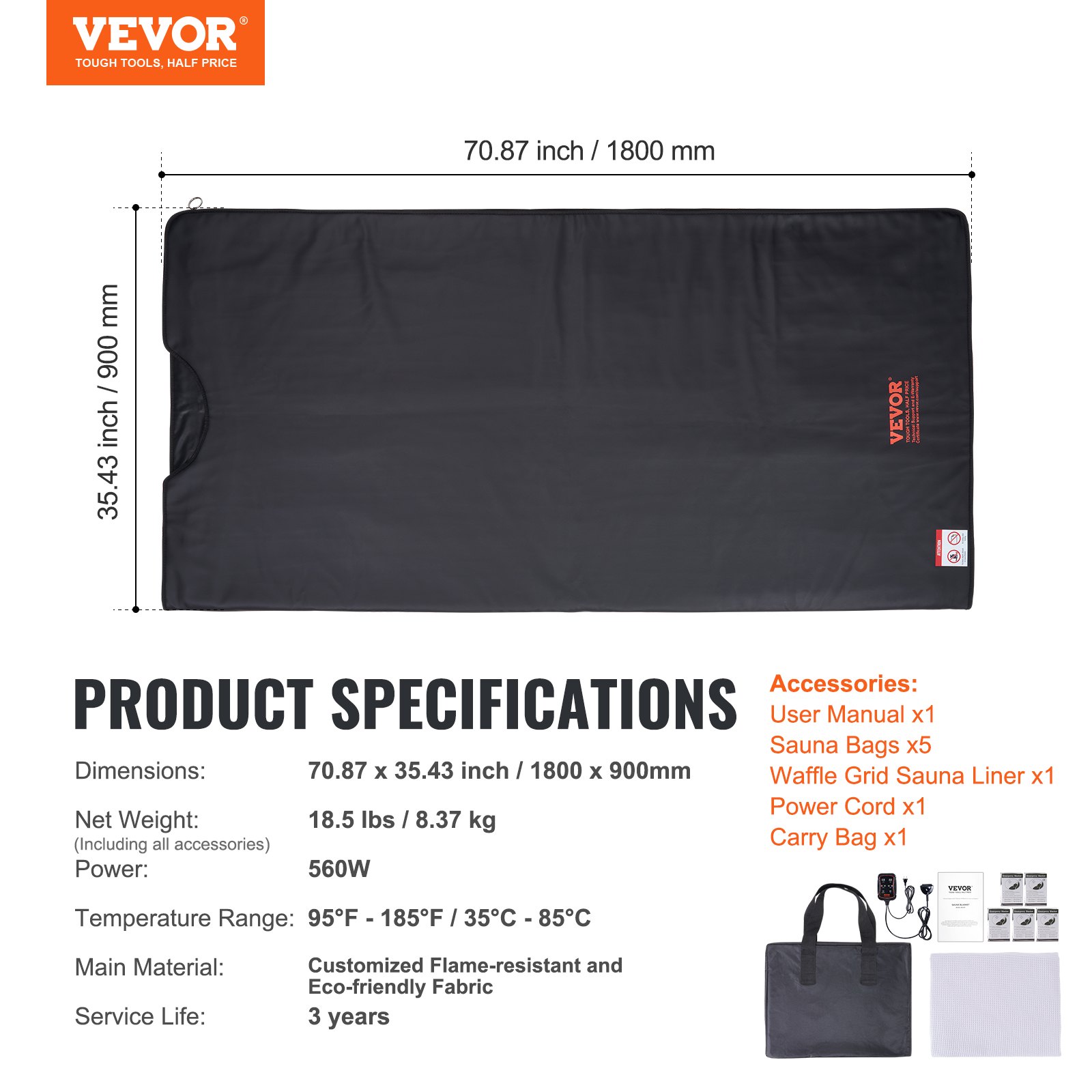 VEVOR 560W infraroodsaunadeken 1-6 niveaus (35°C-85°C) Infrarooddeken 40 minuten vetverbrandende verwarmingsdeken 5-laags veiligheidsmaterialen Verwarmingsmat Lichaamsafslanken Fitness