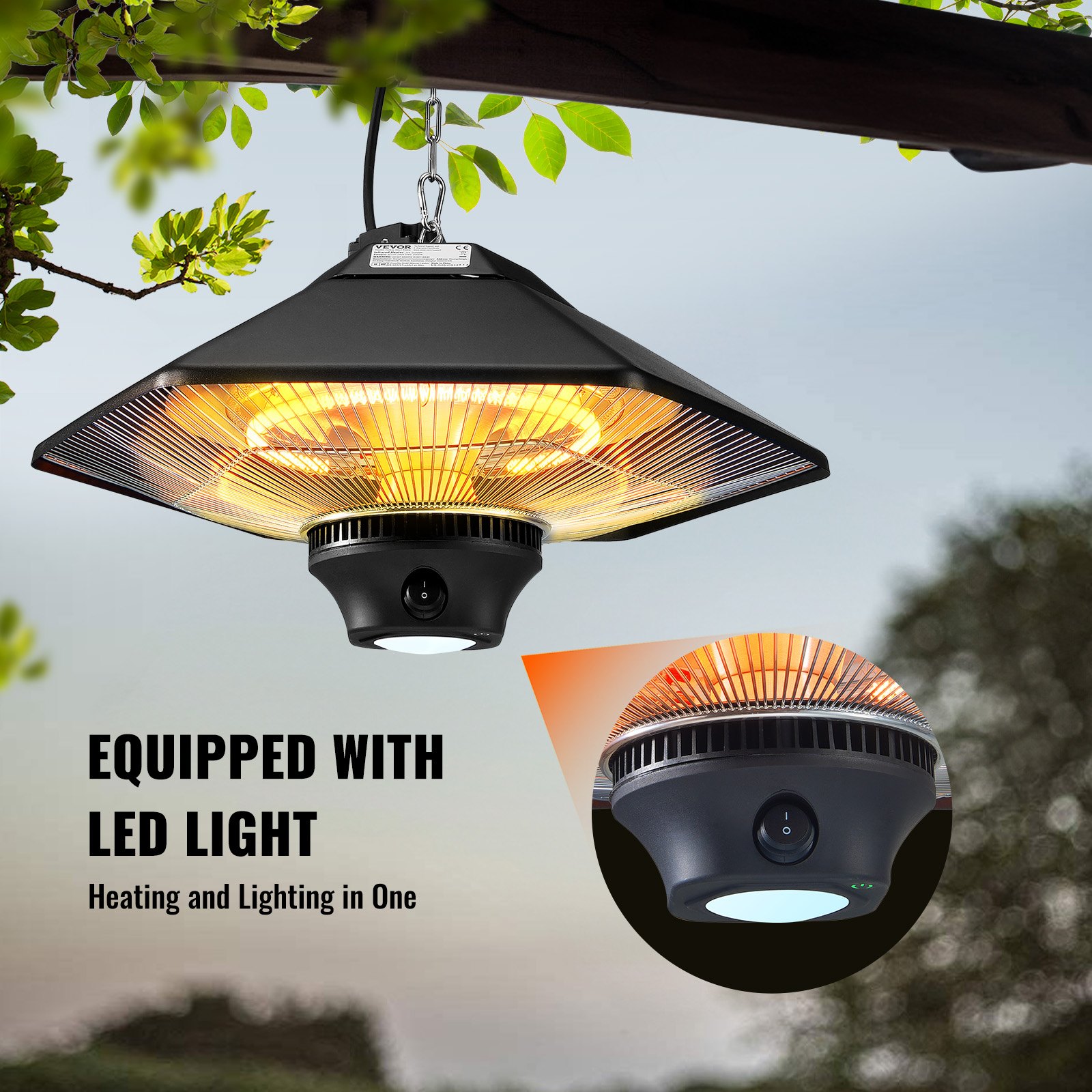 VEVOR Hanging Patio Heater, 2000W Remote Control Outdoor/Indoor Electric Space Infrared Heater, IP34 Protection Ceiling Heater w/ Pull Cord & Adjustable Chain, for Porch,Patio,Dining Room,Studio