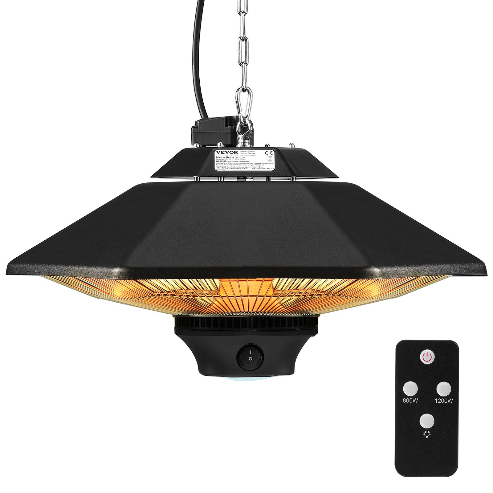 VEVOR Hanging Patio Heater, 2000W Remote Control Outdoor/Indoor Electric Space Infrared Heater, IP34 Protection Ceiling Heater w/ Pull Cord & Adjustable Chain, for Porch,Patio,Dining Room,Studio