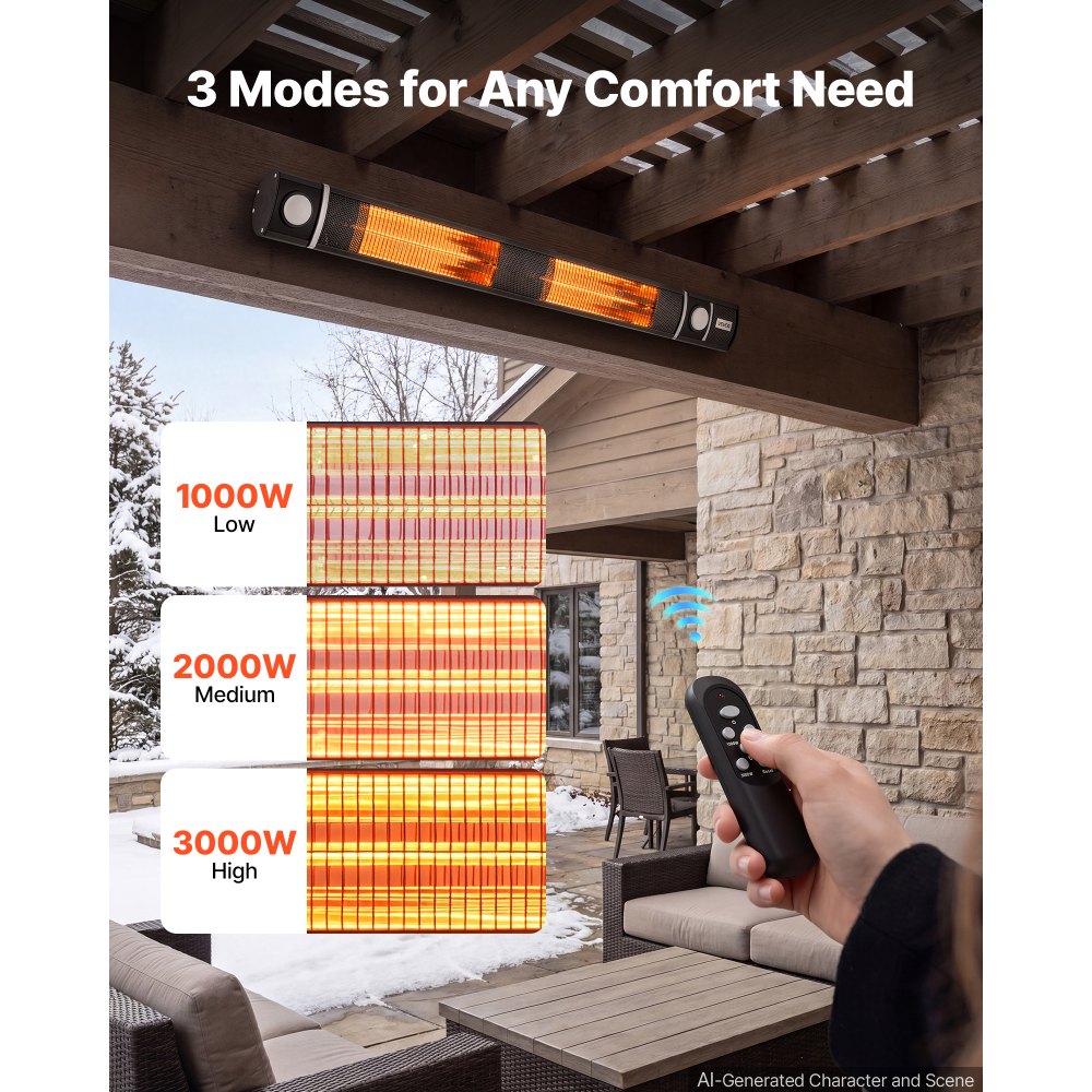 VEVOR Infraroodkachel 3000W met wifi-bediening, wandmontage, infraroodkachel voor tuin, terras en balkon, afstandsbediening en knopbediening, 3 warmtestanden, IP55-bescherming, aluminiumlegering