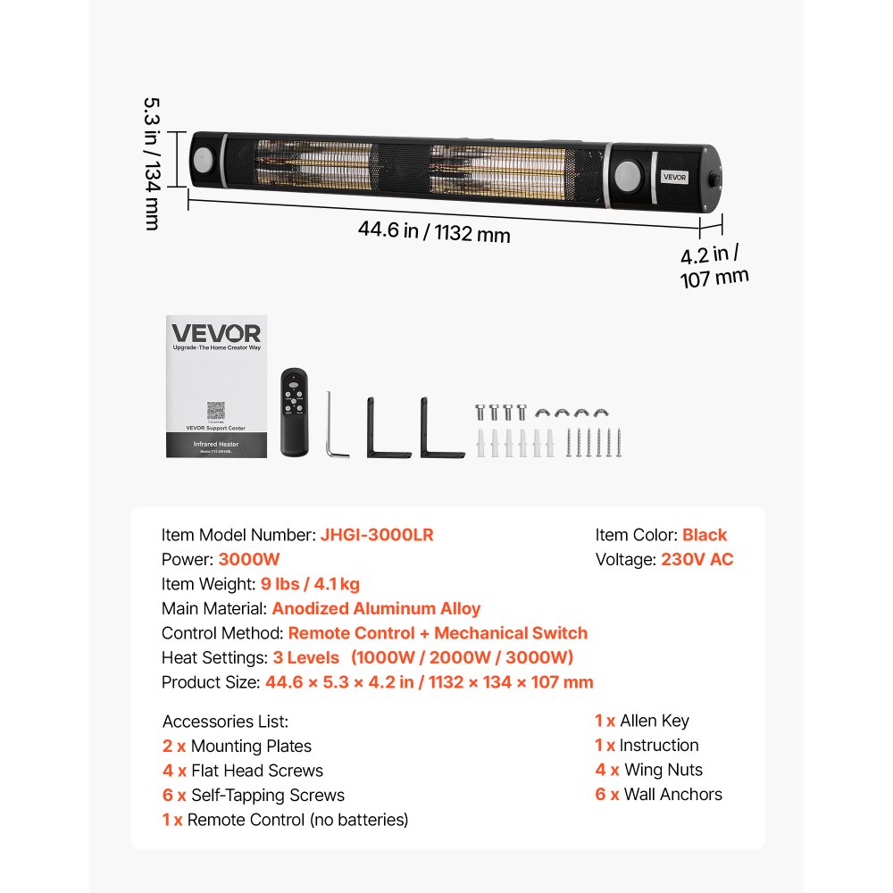 VEVOR Infraroodkachel 3000W met wifi-bediening, wandmontage, infraroodkachel voor tuin, terras en balkon, afstandsbediening en knopbediening, 3 warmtestanden, IP55-bescherming, aluminiumlegering