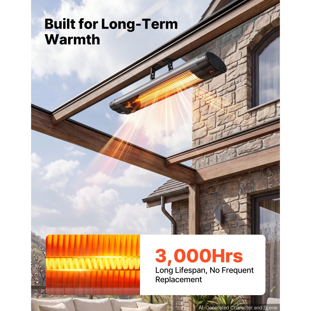 VEVOR Infraroodkachel 2500W Elektrische Infraroodkachel Wandmodel, Infraroodkachel voor Tuin, Terras, Balkon, Bedieningspaneel & Afstandsbediening, 3 Warmtestanden, 24-uurs Timer, Hittebestendig PP-materiaal
