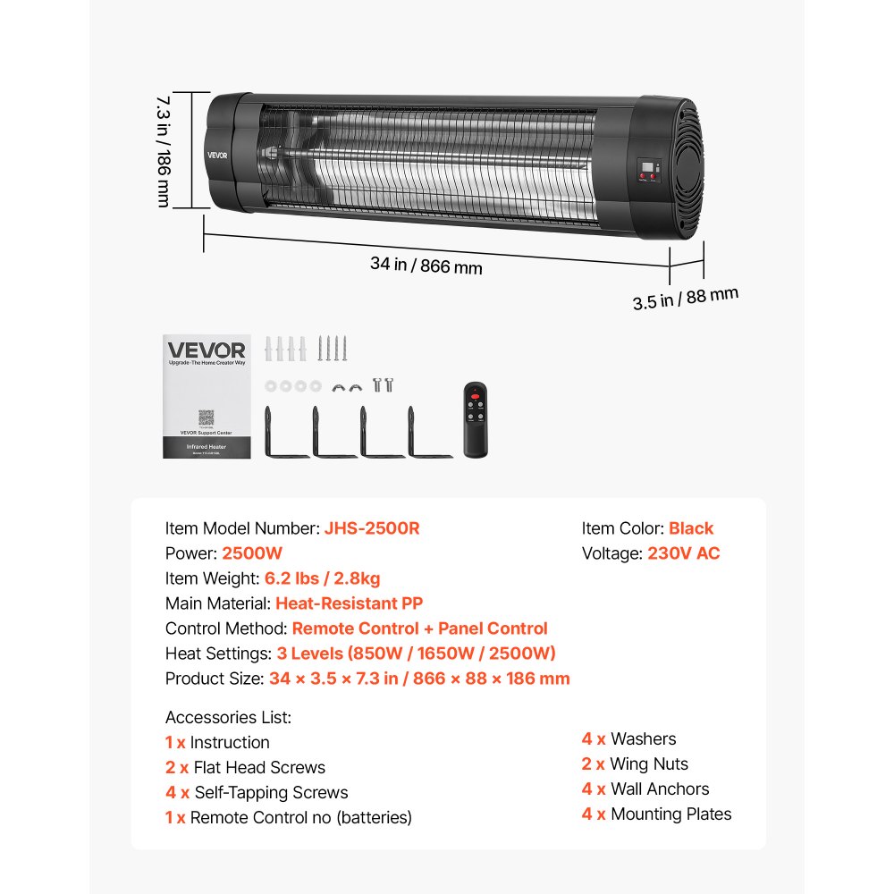 VEVOR Infraroodkachel 2500W Elektrische Infraroodkachel Wandmodel, Infraroodkachel voor Tuin, Terras, Balkon, Bedieningspaneel & Afstandsbediening, 3 Warmtestanden, 24-uurs Timer, Hittebestendig PP-materiaal