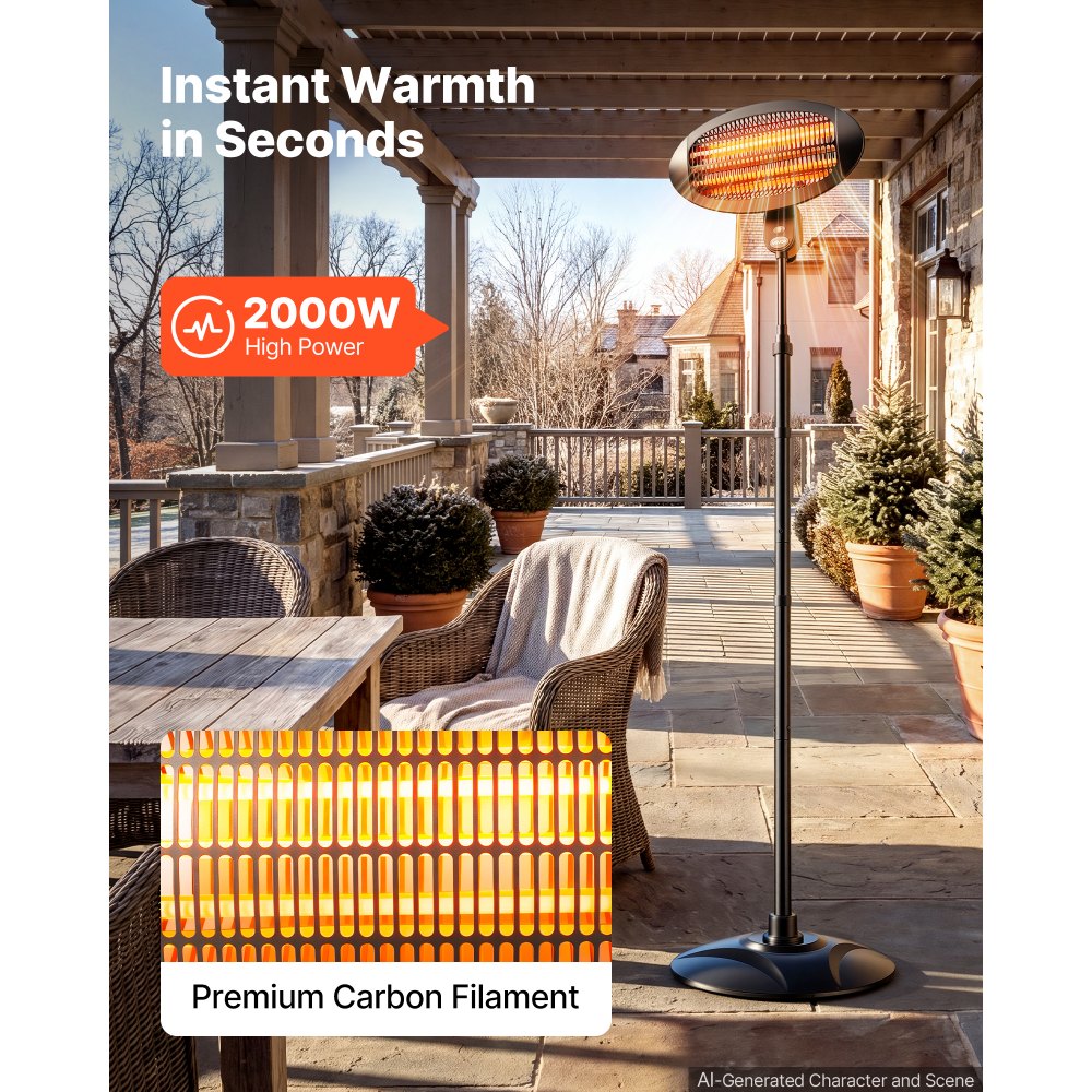 VEVOR Infraroodkachel 2000W 2-in-1 infraroodkachel met trekschakelaar, infraroodkachel voor tuin, terras en balkon, 3 warmtestanden, koudgewalst staal, met kwartsverwarmingselementen, wand- en vrijstaand model