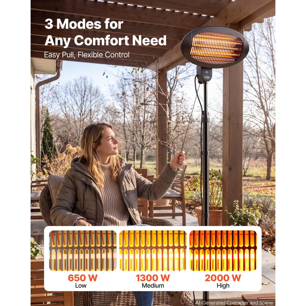 VEVOR Infraroodkachel 2000W 2-in-1 infraroodkachel met trekschakelaar, infraroodkachel voor tuin, terras en balkon, 3 warmtestanden, koudgewalst staal, met kwartsverwarmingselementen, wand- en vrijstaand model