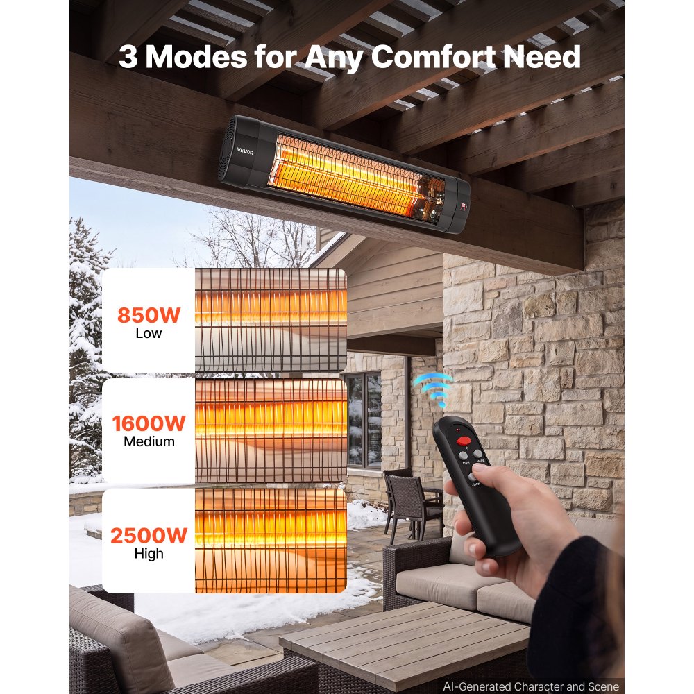 VEVOR Infrared Heater 2500W Electric Space Heater with Tripod Remote Black, 3 Heat Settings, Panel Control, 24-Hour Timer, Premium PP Material, Even Warmth for Patios, Backyards, Balconies Outdoor Use