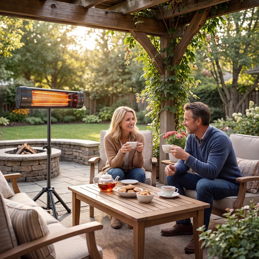 VEVOR Infrared Heater 2500W Electric Space Heater with Tripod Remote Black, 3 Heat Settings, Panel Control, 24-Hour Timer, Premium PP Material, Even Warmth for Patios, Backyards, Balconies Outdoor Use