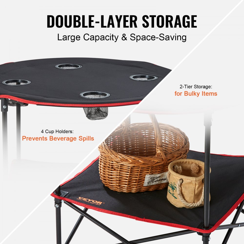 VEVOR Opvouwbare Campingtafel 720x720x610 mm, Opvouwbare Tuintafel 2-laags Balkontafel Multifunctionele tafel met 4 bekerhouders 25 kg laadvermogen Campingtafel Opvouwbare tafel Draagbaar Oxford-stof