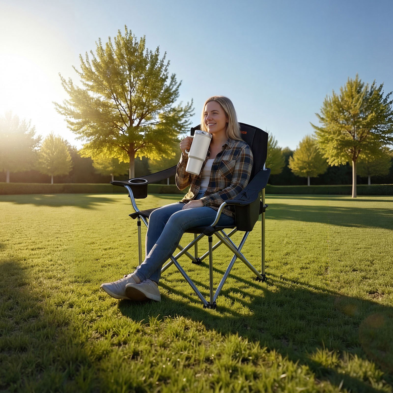VEVOR Oversized Camping Chairs, 450 lbs Heavy Duty Support, Portable Folding Camp Chairs with Padded Backrest & Armrests, Cup Holder & Side Pocket, Cooler Bag, Carry Bags for Outdoor, Fishing, 2 Pack