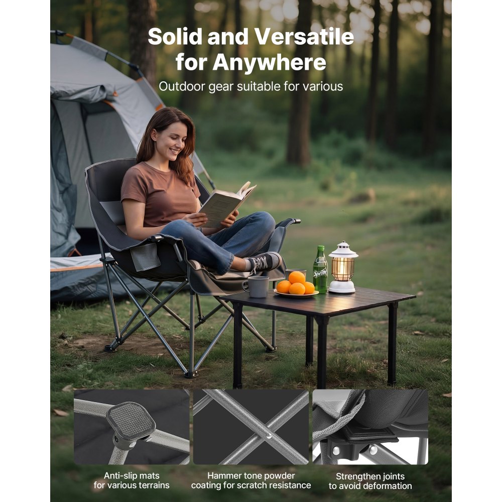 VEVOR Campingstoel (Extra Groot) Klapstoel met een draagvermogen van 204 kg, Visstoel met twee houders voor drank- en wijnglazen, Klapstoel voor buitenactiviteiten zoals vissen en barbecueën, Zwart & Grijs, 1 stuk.