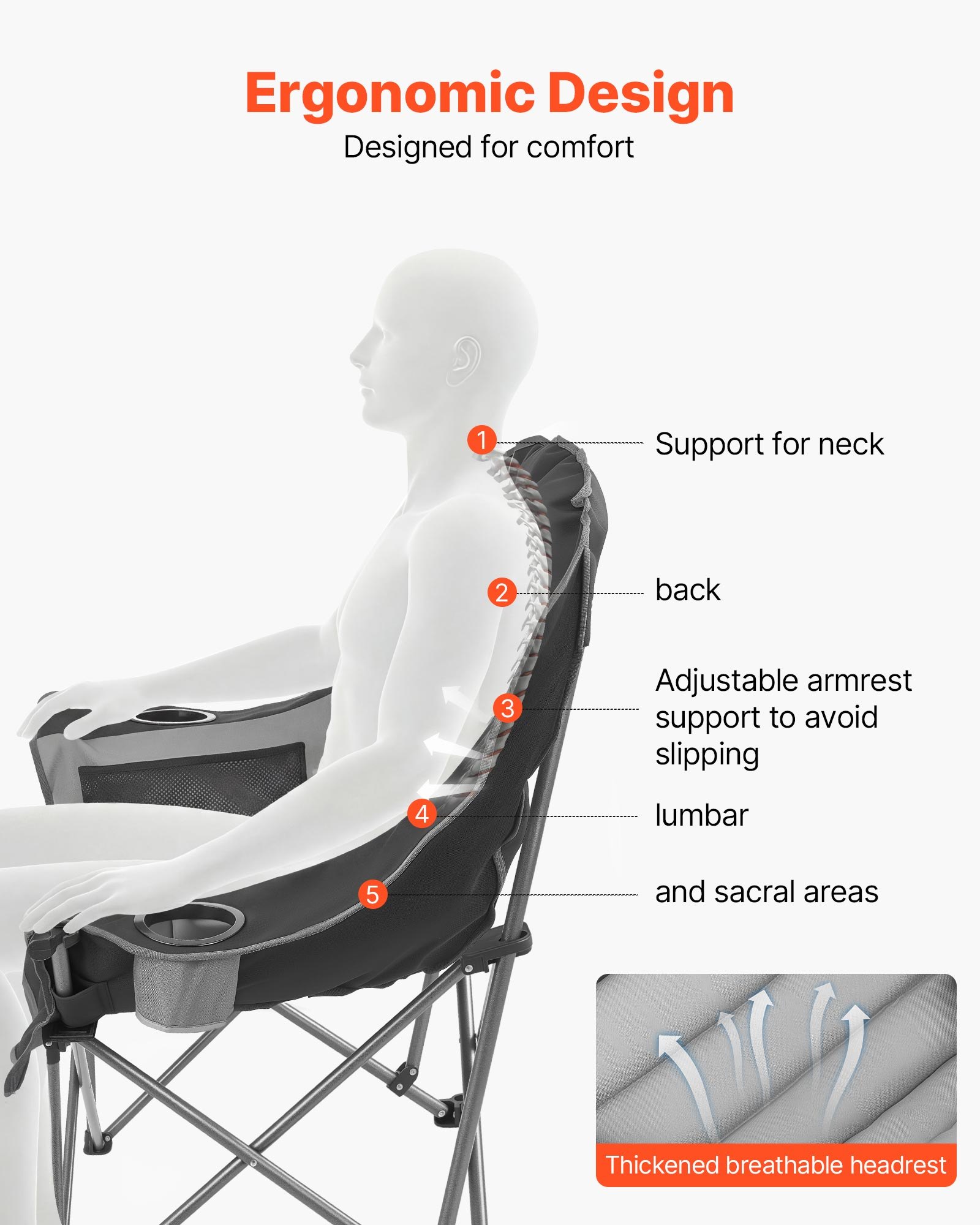 VEVOR Campingstoel (Extra Groot) Klapstoel met een draagvermogen van 204 kg, Visstoel met twee houders voor drank- en wijnglazen, Klapstoel voor buitenactiviteiten zoals vissen en barbecueën, Zwart & Grijs, 1 stuk.