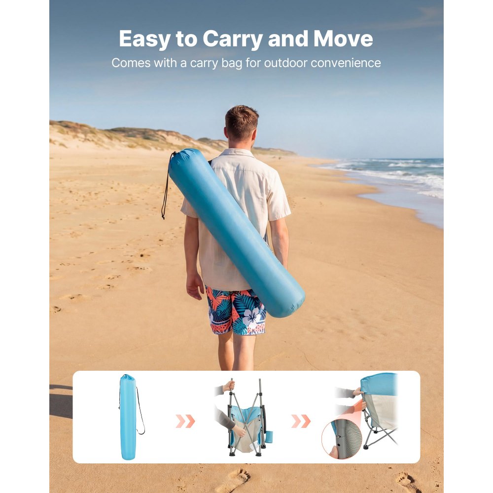 VEVOR Folding Beach Chair, High Back Camping Chairs for Adults, with Cup Pocket, Mesh Back, Carry Bag, Portable Extra Wide Seat Chair 330 lbs Heavy Duty Support, for Outdoor, Camp, Light Blue