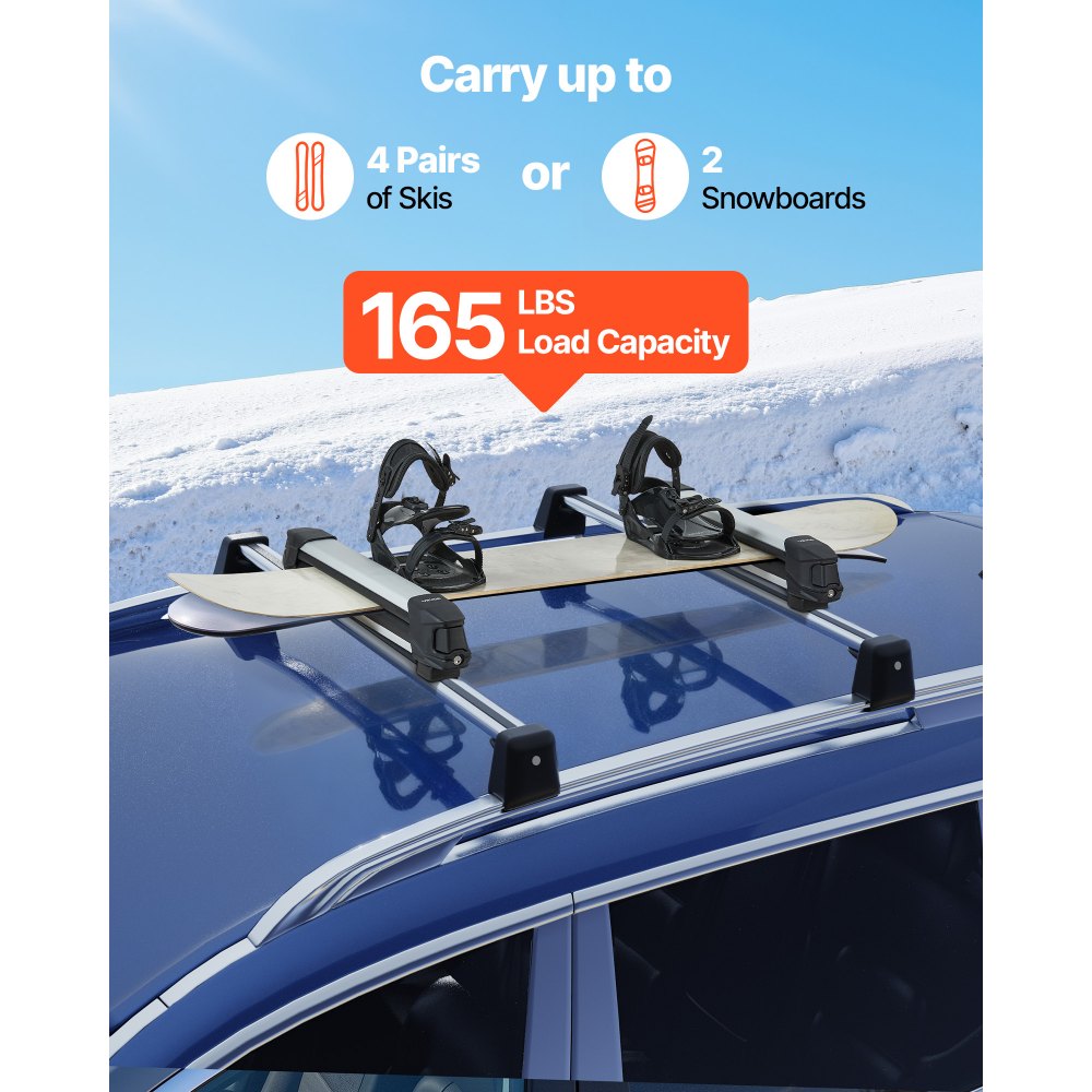 VEVOR Skiboard Snowboard Dakdrager voor maximaal 4 paar ski's/2 snowboards, 2-delige afsluitbare skidakdrager met rubberen vulling, skihouder van aluminiumlegering voor de meeste dwarsbalken