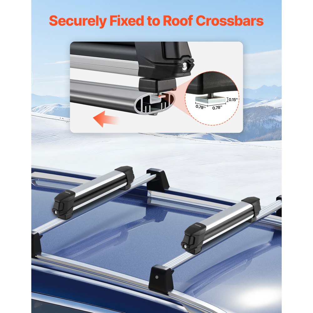 VEVOR Skiboard Snowboard Dakdrager voor maximaal 4 paar ski's/2 snowboards, 2-delige afsluitbare skidakdrager met rubberen vulling, skihouder van aluminiumlegering voor de meeste dwarsbalken