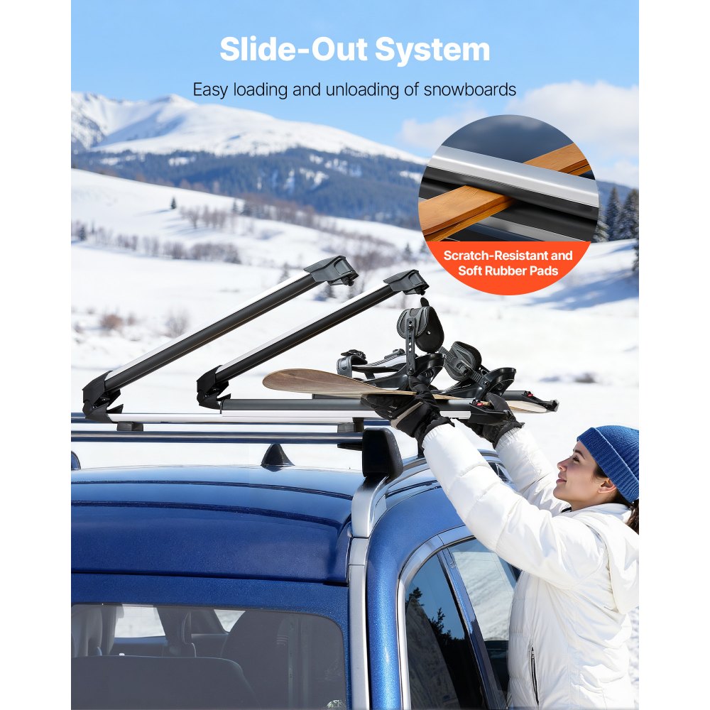 VEVOR Ski & Snowboard Roof Rack, Carry up to 6 Pairs of Skis or 4 Snowboards, 2 PCS Aluminum Universal Car Roof Rack Top Holder with Lock & Rubber Padding for Fishing Rod, Fit Most Slotted Crossbars