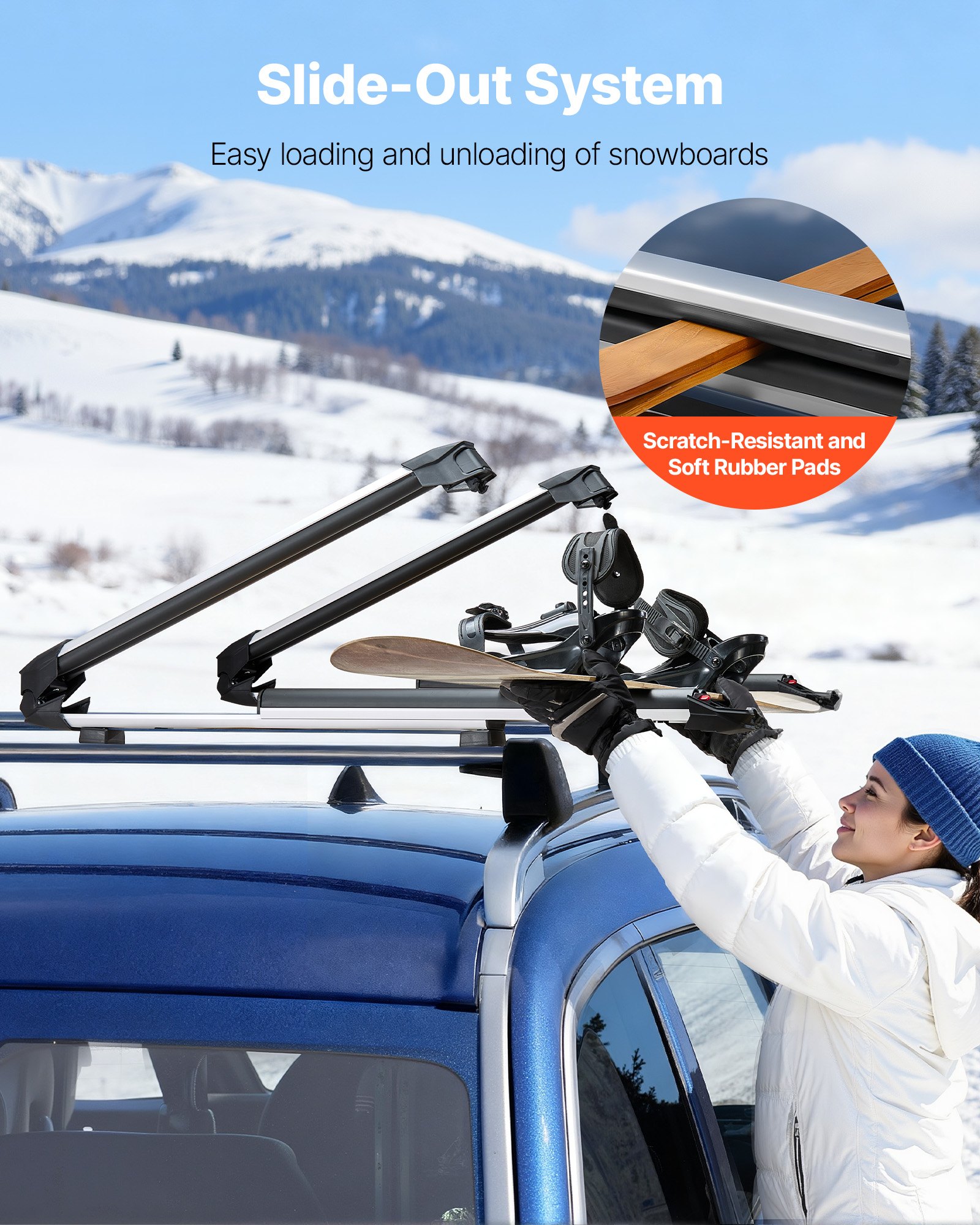 VEVOR Ski & Snowboard Roof Rack, Carry up to 6 Pairs of Skis or 4 Snowboards, 2 PCS Aluminum Universal Car Roof Rack Top Holder with Lock & Rubber Padding for Fishing Rod, Fit Most Slotted Crossbars
