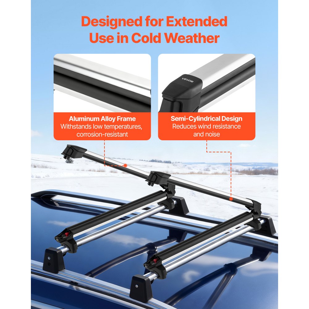 VEVOR Ski & Snowboard Roof Rack, Carry up to 6 Pairs of Skis or 4 Snowboards, 2 PCS Aluminum Universal Car Roof Rack Top Holder with Lock and Rubber Padding for Fishing Pole Rod, Fit Most Crossbars
