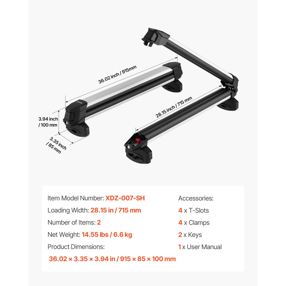 VEVOR Ski & Snowboard Roof Rack, Carry up to 6 Pairs of Skis or 4 Snowboards, 2 PCS Aluminum Universal Car Roof Rack Top Holder with Lock and Rubber Padding for Fishing Pole Rod, Fit Most Crossbars