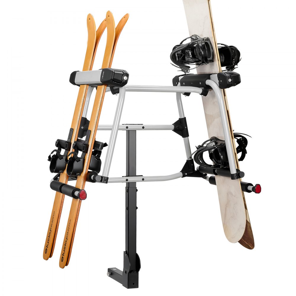 VEVOR Hitch Mounted Ski & Snowboard Rack, Fits 2-Inch Receiver, Carries up to 6 Pairs of Skis or 4 Snowboards, Hitch-Mounted Rack for Car with Key Lock, Security Strap, Tilt Access, Rubber Padding