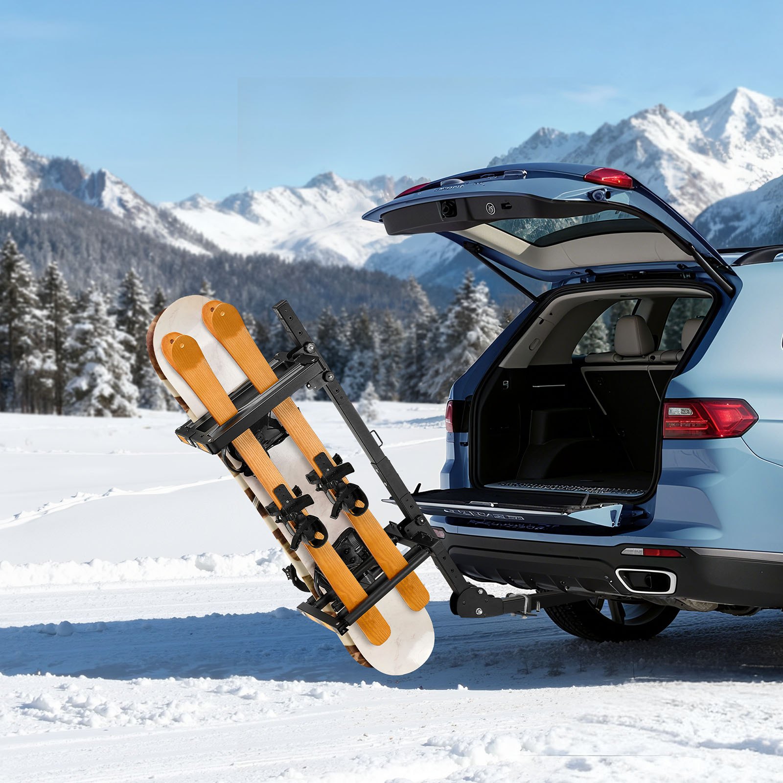 VEVOR Skiboard Snowboard Dakdrager voor maximaal 6 paar ski's/4 snowboards, afsluitbare skidakdrager met veiligheidsriem en kanteltoegang, verstelbare skihouder geschikt voor de trekhaak