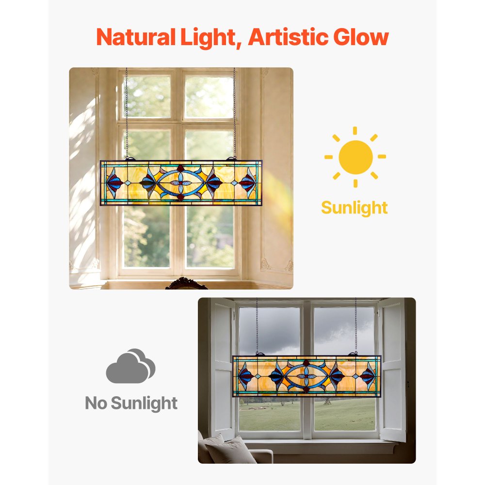 VEVOR Glas-in-lood Raampaneel (813 x 250 mm) Hangend glas-in-lood met ketting, Tiffany-stijl glas-in-lood om op te hangen, traditionele rechthoekige vintage ambachtelijke raamdecoratie voor keuken en kerk