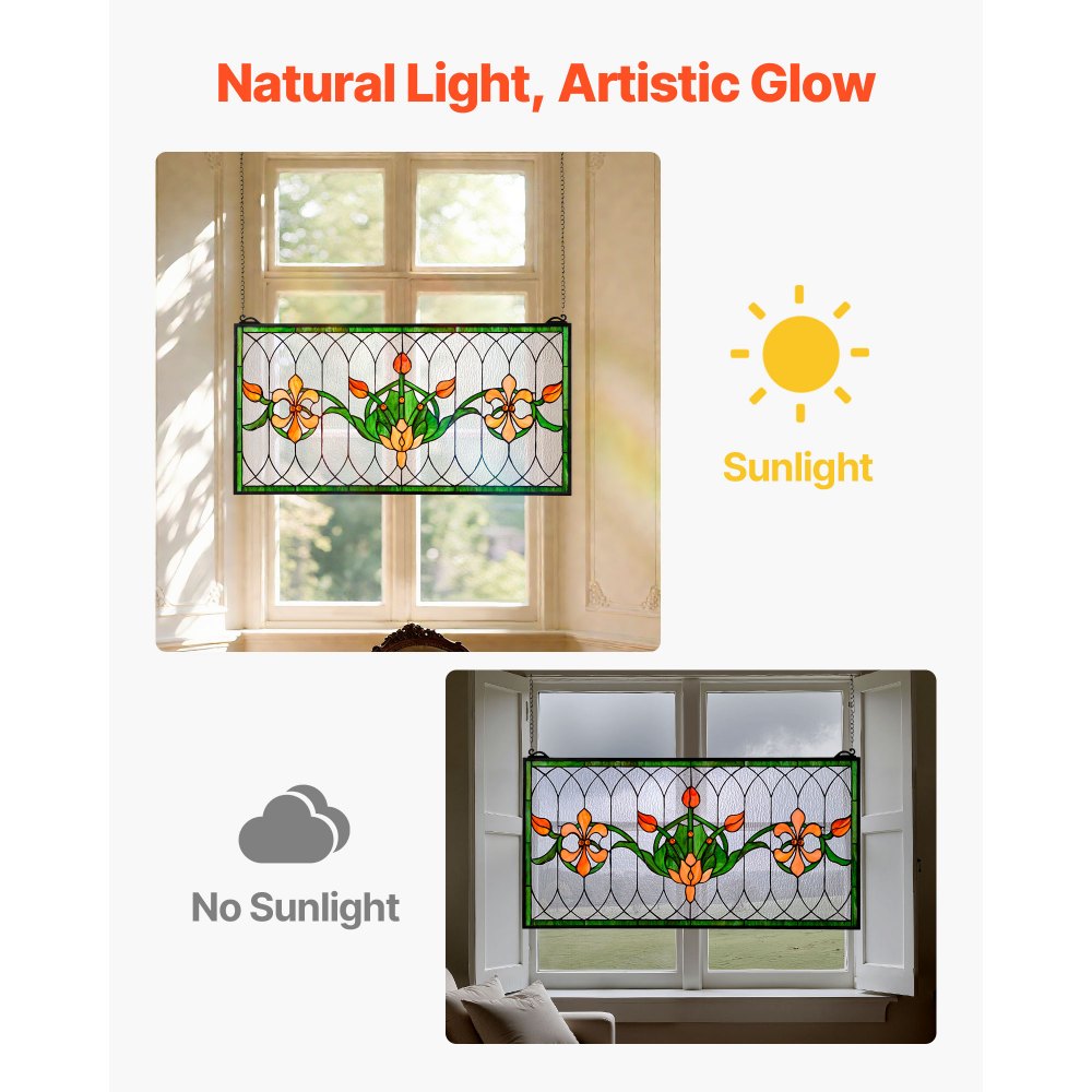 VEVOR Glas-in-lood Raampaneel (810 x 433 mm) Hangend glas-in-lood met ketting, Tiffany-stijl glas-in-lood om op te hangen, traditionele rechthoekige vintage ambachtelijke raamdecoratie voor keuken en kerk