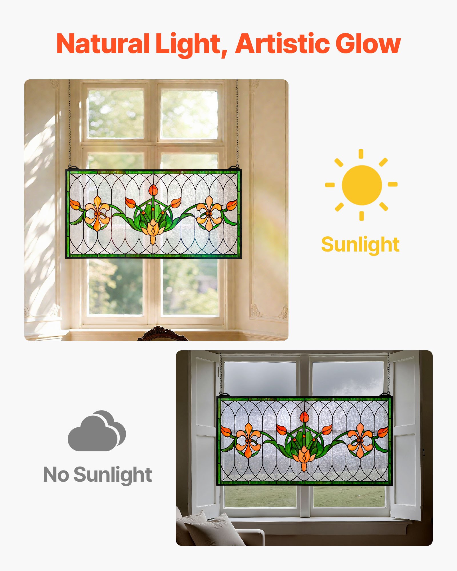 VEVOR Glas-in-lood Raampaneel (810 x 433 mm) Hangend glas-in-lood met ketting, Tiffany-stijl glas-in-lood om op te hangen, traditionele rechthoekige vintage ambachtelijke raamdecoratie voor keuken en kerk