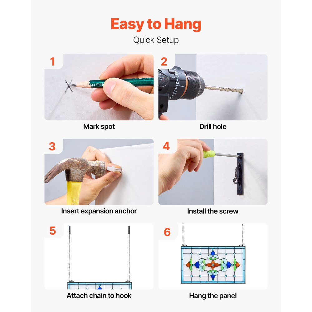VEVOR Glas-in-lood Raampaneel (664 x 402 mm) Hangend glas-in-lood met ketting, Tiffany-stijl glas-in-lood om op te hangen, traditionele rechthoekige vintage ambachtelijke raamdecoratie voor keuken en kerk