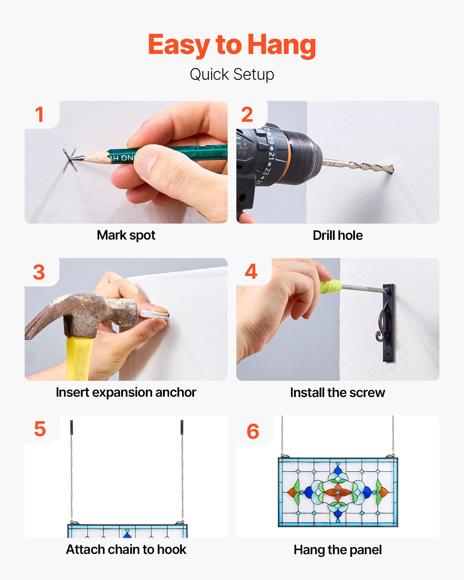 VEVOR Glas-in-lood Raampaneel (664 x 402 mm) Hangend glas-in-lood met ketting, Tiffany-stijl glas-in-lood om op te hangen, traditionele rechthoekige vintage ambachtelijke raamdecoratie voor keuken en kerk