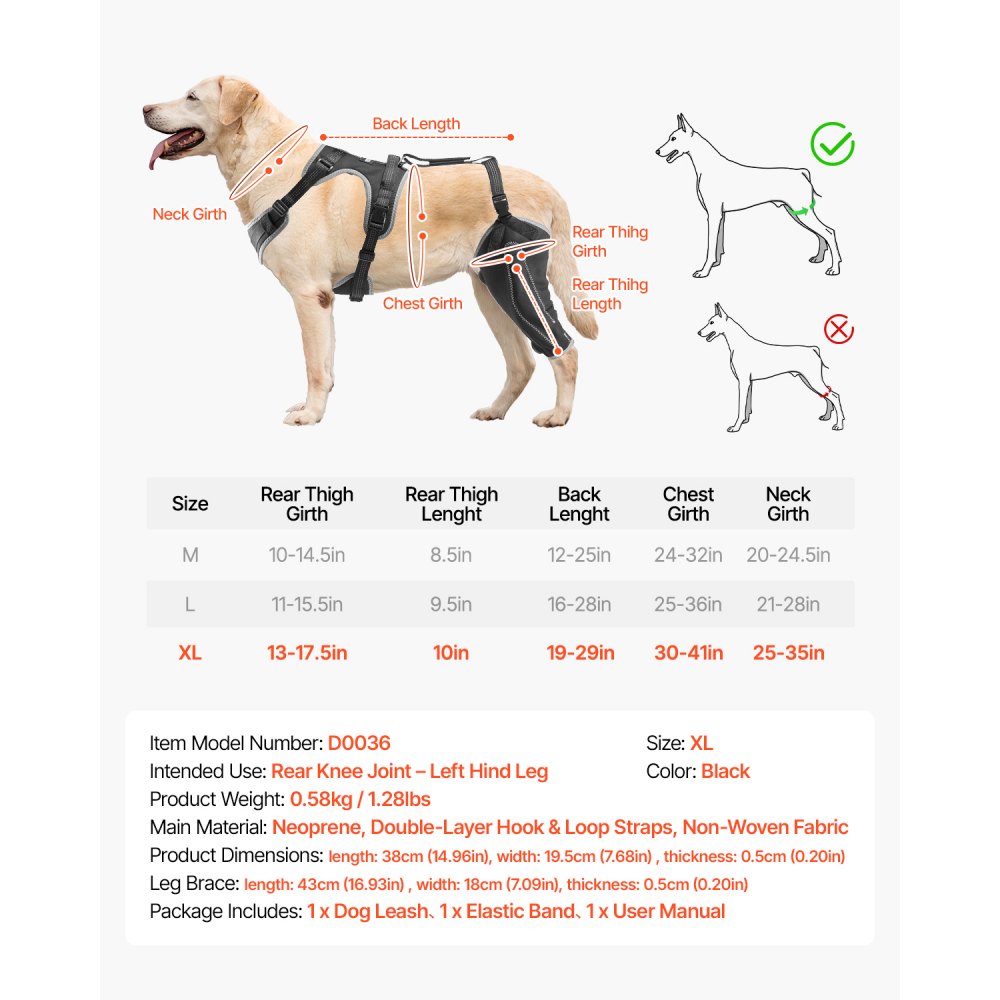 VEVOR Kniebrace voor honden met een gescheurde voorste kruisband, met verstelbare scharnierstabilisator, voor de linkerachterpoot, pijnverlichting, gewrichtsondersteuning voor honden die herstellen van artritis