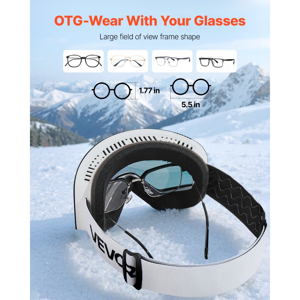 VEVOR Frameless Skibril, Magnetische Cilindrische Lens met Roze Revo Coating, OTG Anti-Fog Motorbril, Motorcrossbril, Beschermende Bril, Geschikt voor Skiën, Skaten, Snowboarden