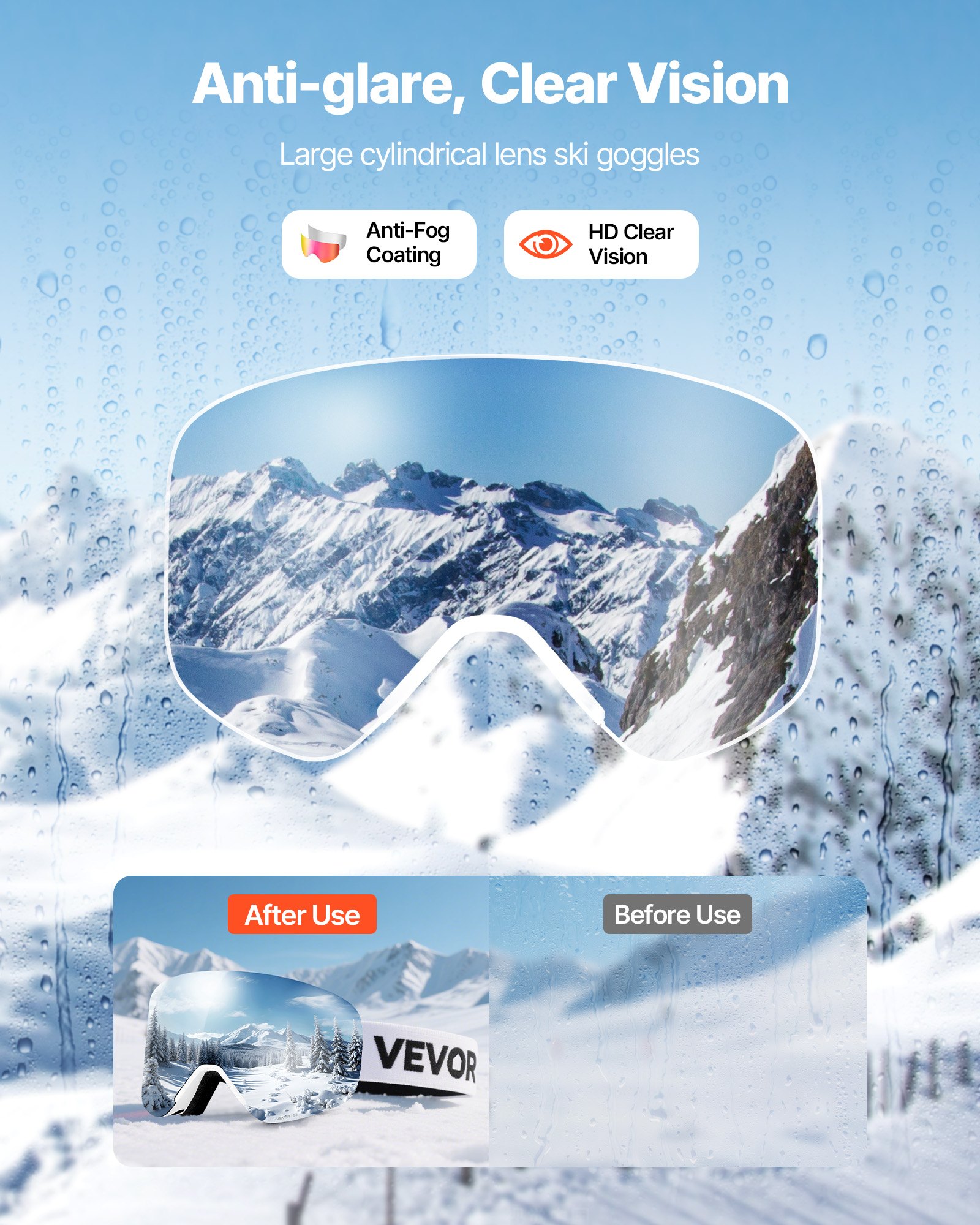 VEVOR Frameless Skibril, Magnetische Cilindrische Lens met Roze Revo Coating, OTG Anti-Fog Motorbril, Motorcrossbril, Beschermende Bril, Geschikt voor Skiën, Skaten, Snowboarden