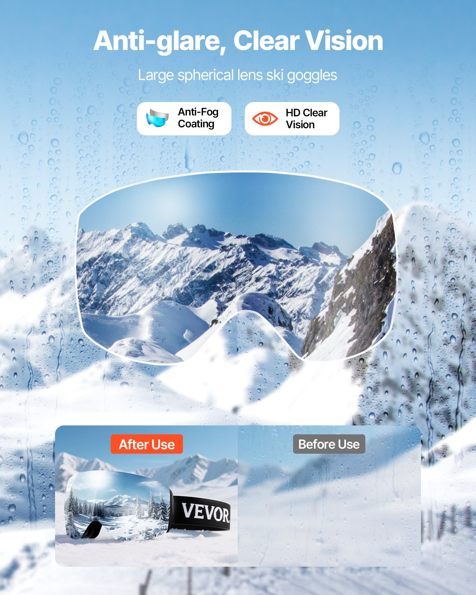 VEVOR Frameless Skibril, Sferische Lens met Blauwe Revo Coating, OTG Anti-Fog Motorbril, Beschermende Bril, Motorcrossbril Geschikt voor Skiën, Skaten, Snowboarden