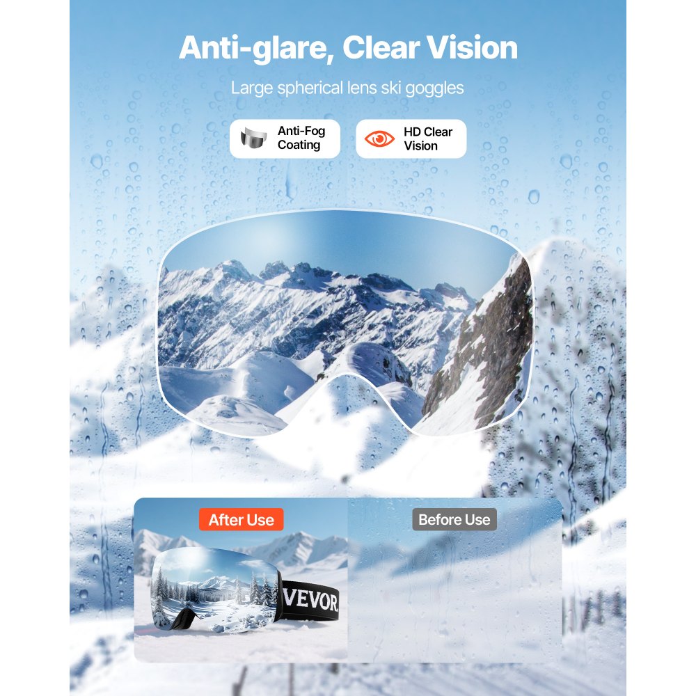 VEVOR Frameless Skibril, Sferische Lens met Silver Mirror Revo Coating, OTG Anti-Fog Motocrossbril, Motorbril, Crossbril, Beschermende Bril, voor Skiën, Skaten, Snowboarden